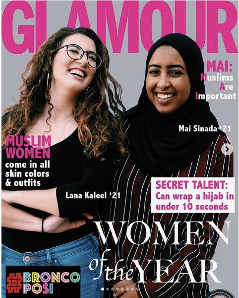 A mock cover of Glamour magazine featuring two students.
