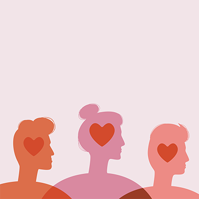 Three silhouettes illustrated on a pink backdrop with red hearts in the heads of all three