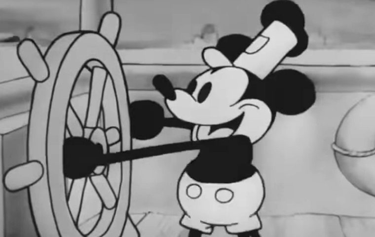 Steamboat Willie standing a the steering wheel