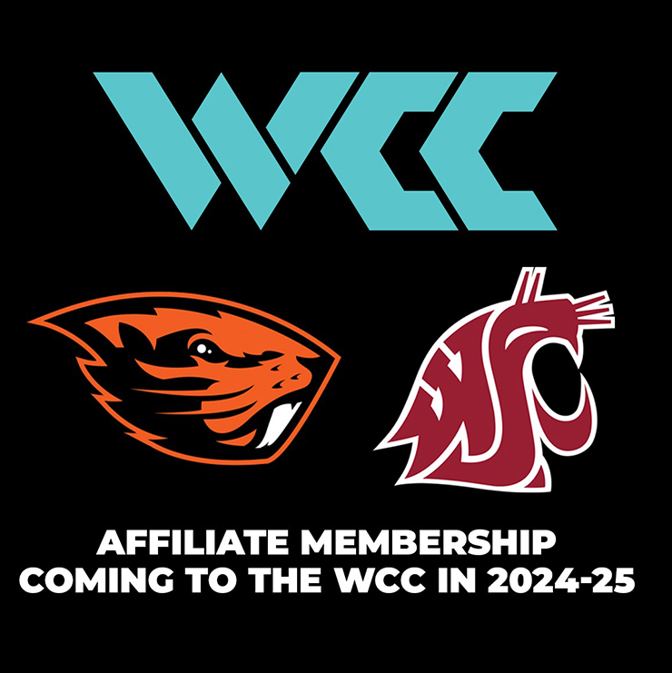 Logos for Oregon State, Washington State and the WCC on a black background