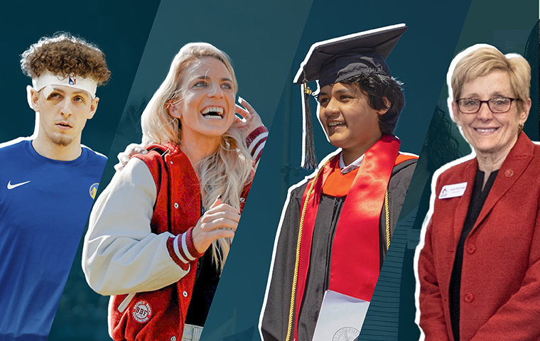 A stylized split screen design of Brandin Podziemski, Julie Johnston, Kairan Quazi and Julie Sullivan