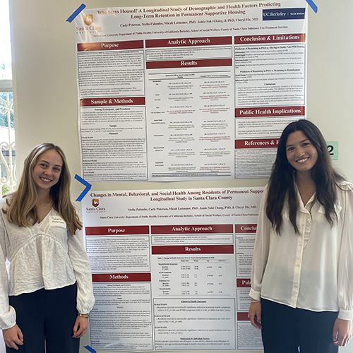 Carly Petersen (left) and Stella Palumbo (right) present their research findings at the 2025 SCU Alumni Science Conference.